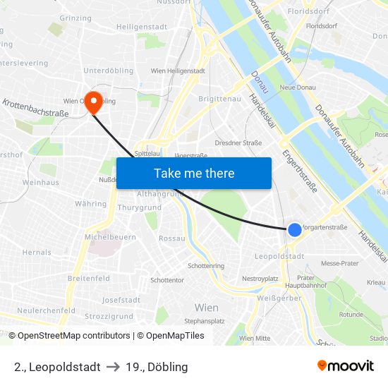 2., Leopoldstadt to 19., Döbling map