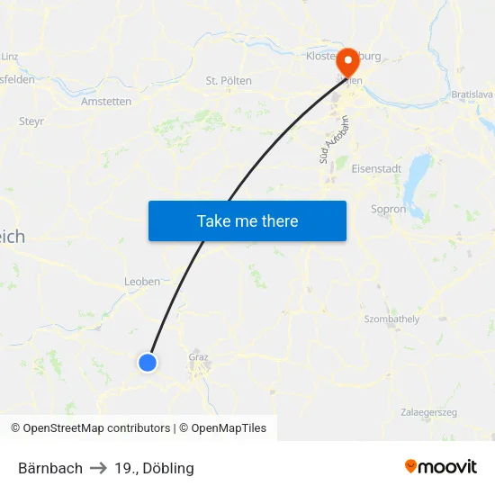 Bärnbach to 19., Döbling map