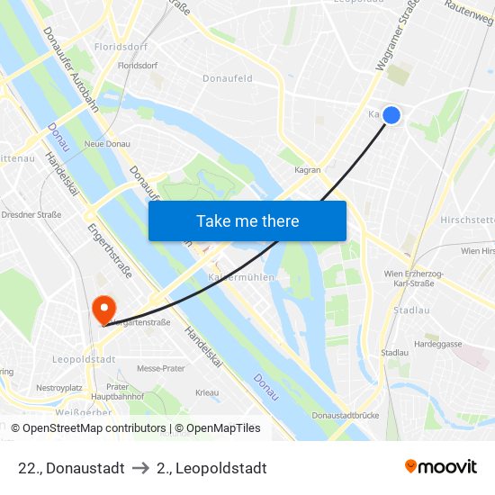 22., Donaustadt to 2., Leopoldstadt map