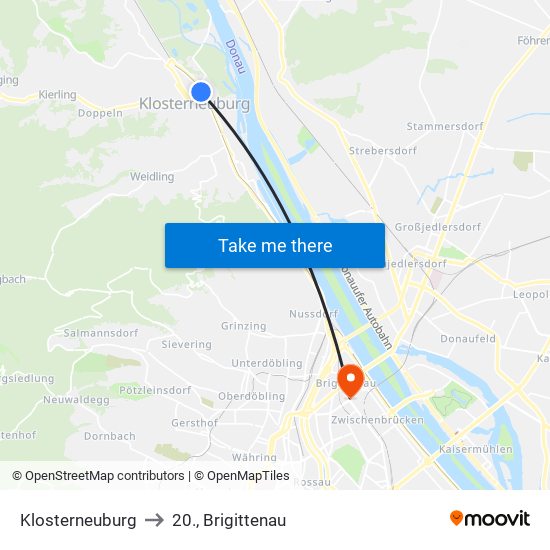 Klosterneuburg to 20., Brigittenau map