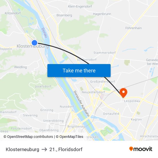 Klosterneuburg to 21., Floridsdorf map