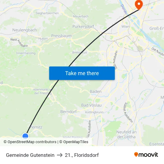 Gemeinde Gutenstein to 21., Floridsdorf map