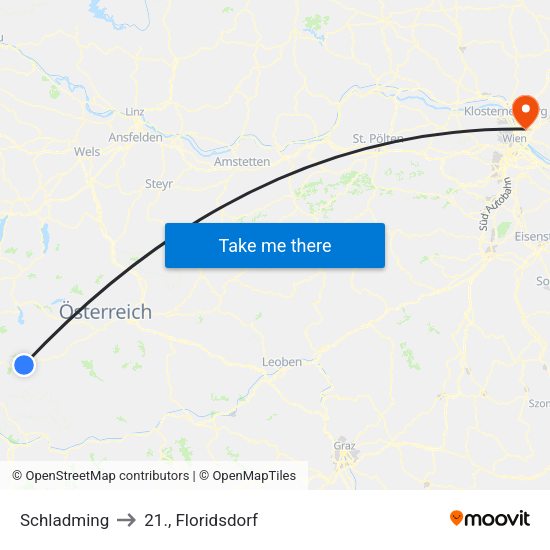 Schladming to 21., Floridsdorf map