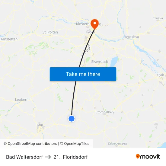Bad Waltersdorf to 21., Floridsdorf map