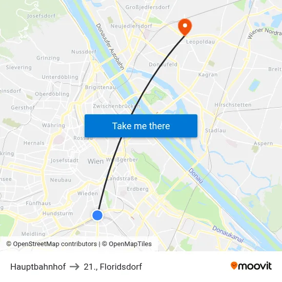 Hauptbahnhof to 21., Floridsdorf map