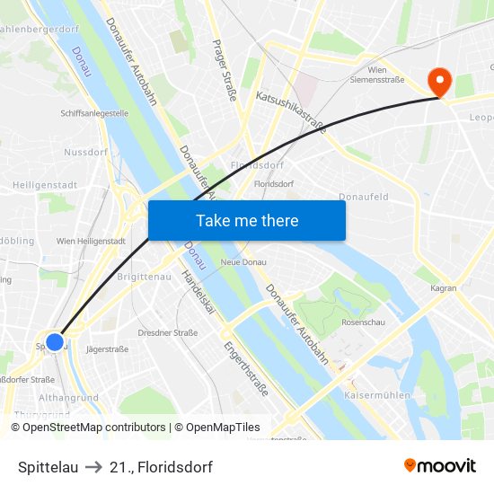 Spittelau to 21., Floridsdorf map