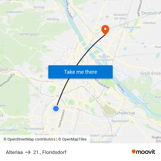 Alterlaa to 21., Floridsdorf map