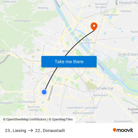 23., Liesing to 22., Donaustadt map