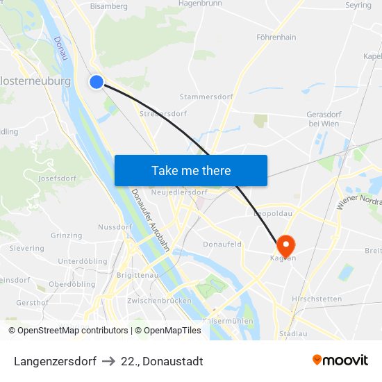 Langenzersdorf to 22., Donaustadt map