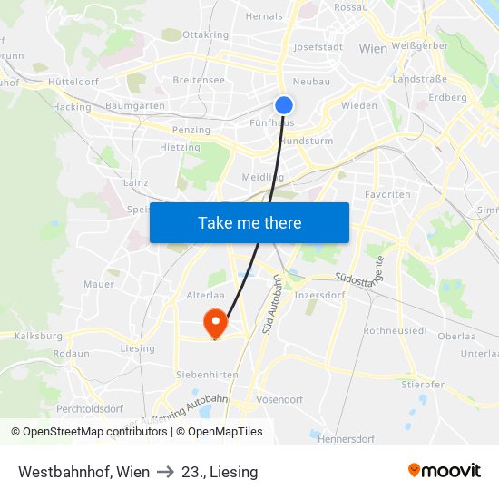 Westbahnhof, Wien to 23., Liesing map