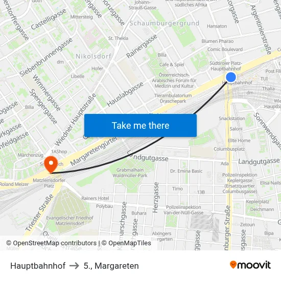Hauptbahnhof to 5., Margareten map
