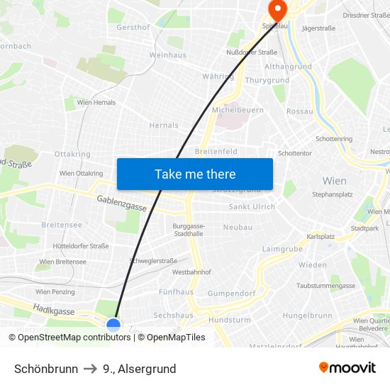 Schönbrunn to 9., Alsergrund map