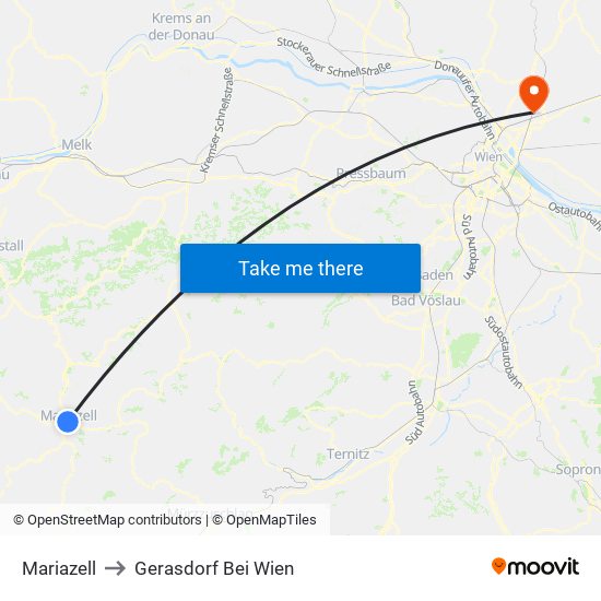 Mariazell to Gerasdorf Bei Wien map