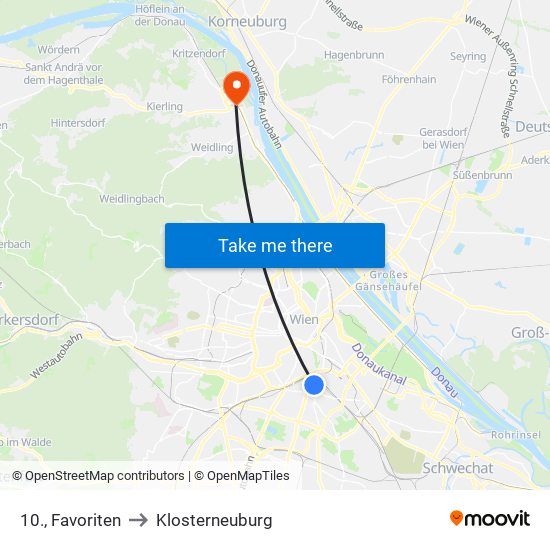 10., Favoriten to Klosterneuburg map