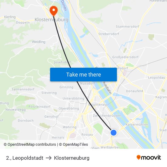 2., Leopoldstadt to Klosterneuburg map