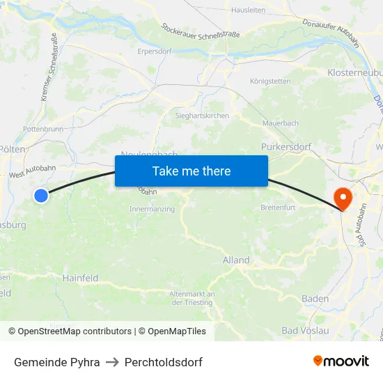 Gemeinde Pyhra to Perchtoldsdorf map