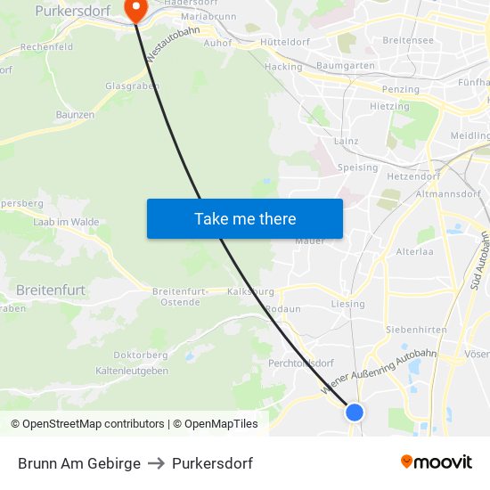 Brunn Am Gebirge to Purkersdorf map