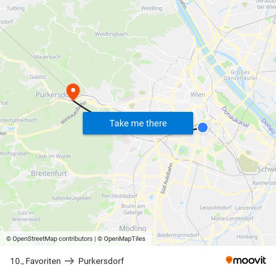 10., Favoriten to Purkersdorf map