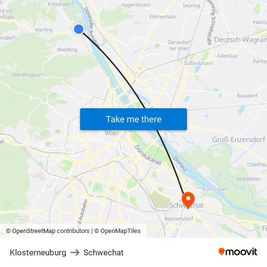 Klosterneuburg to Schwechat map