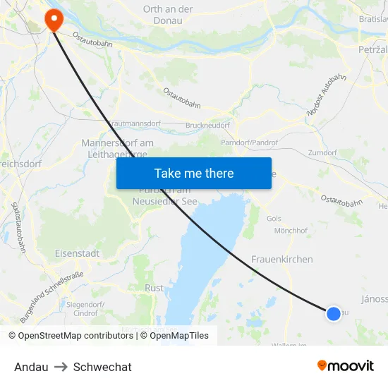 Andau to Schwechat map