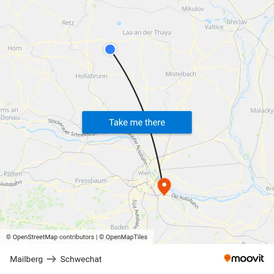 Mailberg to Schwechat map