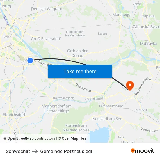 Schwechat to Gemeinde Potzneusiedl map