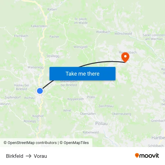 Birkfeld to Vorau map