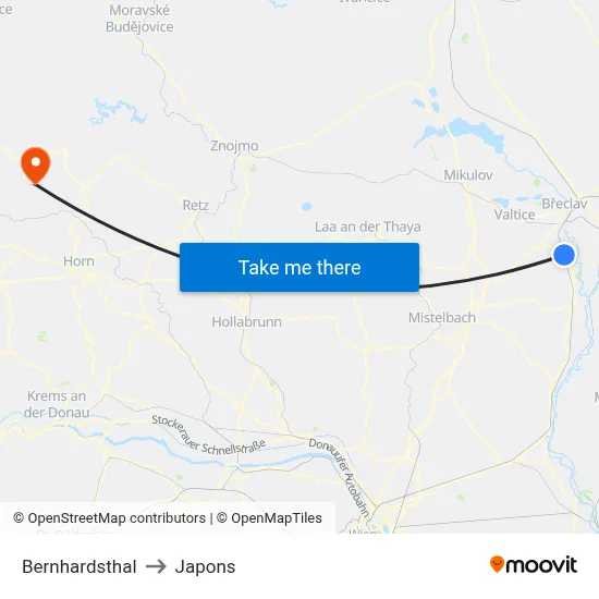 Bernhardsthal to Japons map