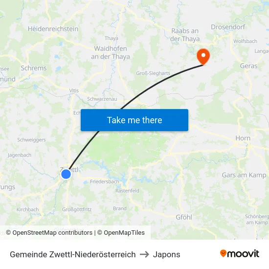 Gemeinde Zwettl-Niederösterreich to Japons map