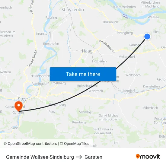 Gemeinde Wallsee-Sindelburg to Garsten map