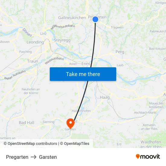 Pregarten to Garsten map