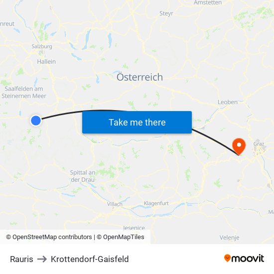 Rauris to Krottendorf-Gaisfeld map