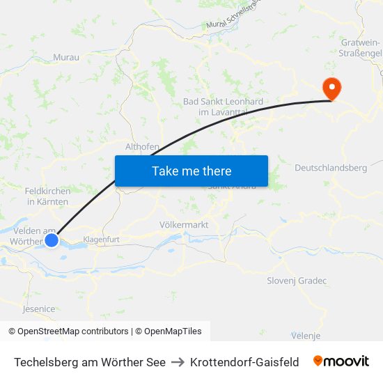 Techelsberg am Wörther See to Krottendorf-Gaisfeld map