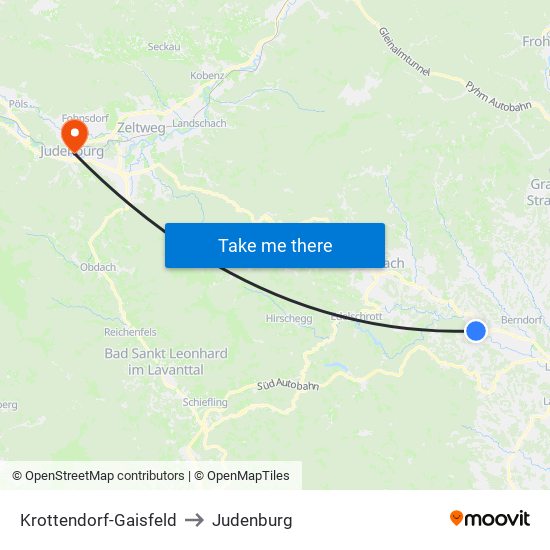 Krottendorf-Gaisfeld to Judenburg map