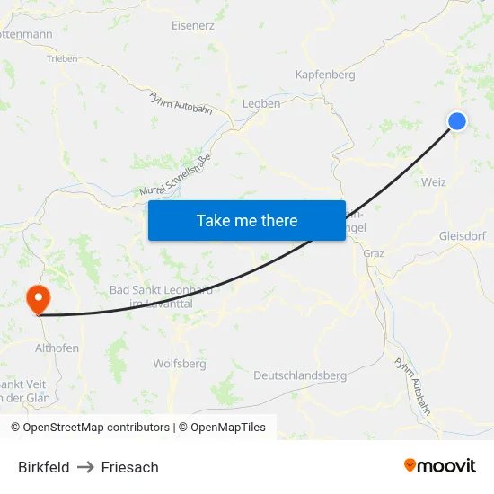 Birkfeld to Friesach map