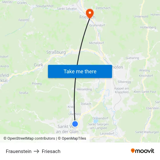 Frauenstein to Friesach map