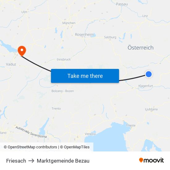 Friesach to Marktgemeinde Bezau map