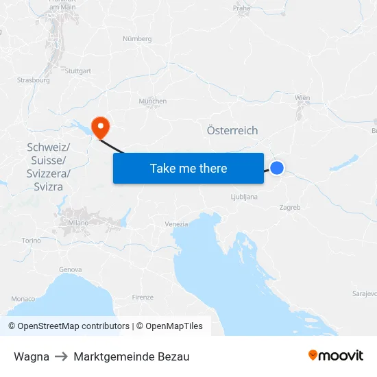 Wagna to Marktgemeinde Bezau map