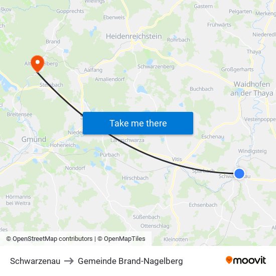 Schwarzenau to Gemeinde Brand-Nagelberg map
