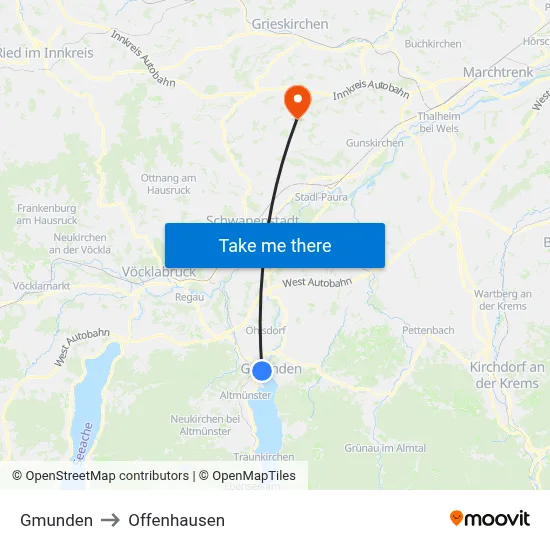 Gmunden to Offenhausen map