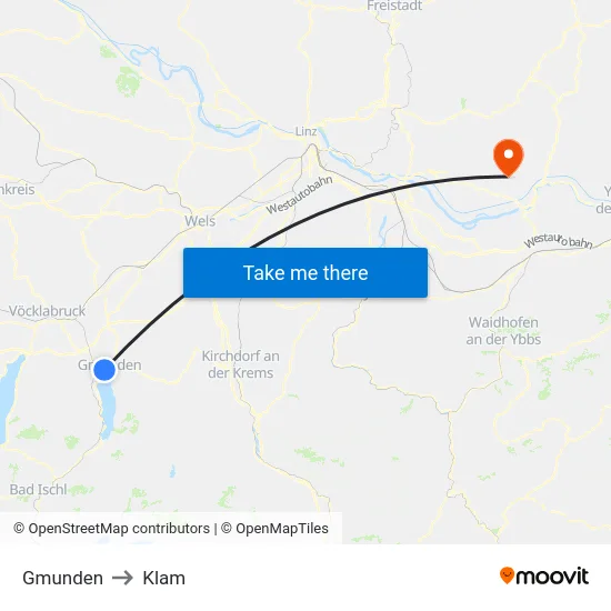 Gmunden to Klam map