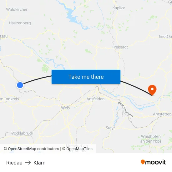 Riedau to Klam map