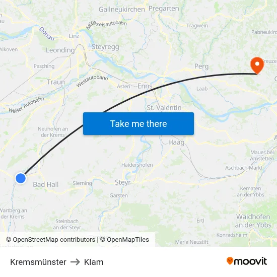 Kremsmünster to Klam map