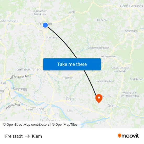 Freistadt to Klam map