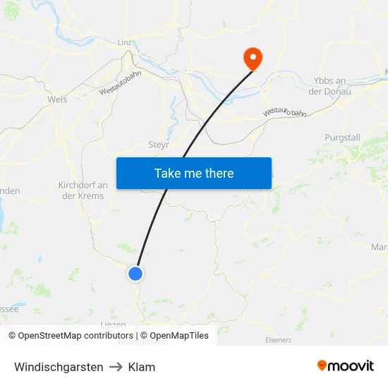 Windischgarsten to Klam map