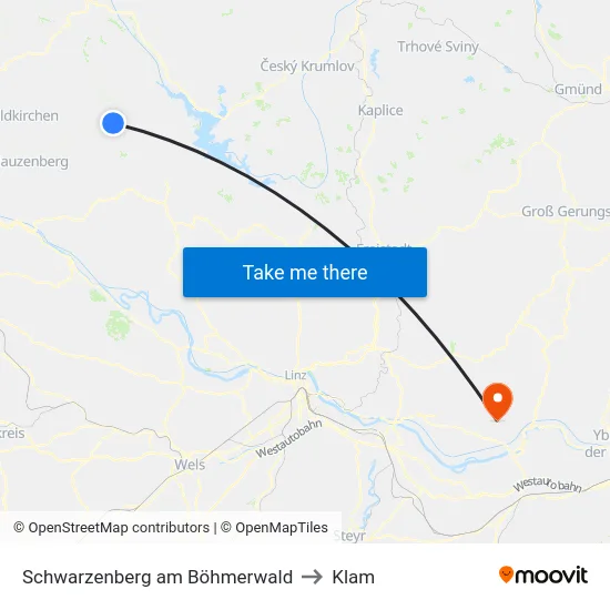 Schwarzenberg am Böhmerwald to Klam map