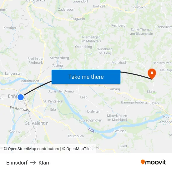 Ennsdorf to Klam map