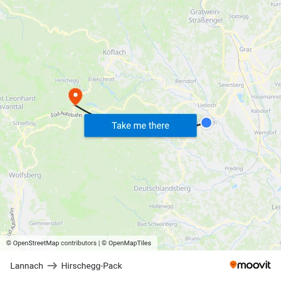 Lannach to Hirschegg-Pack map