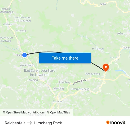Reichenfels to Hirschegg-Pack map