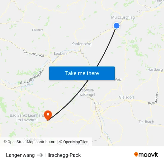 Langenwang to Hirschegg-Pack map